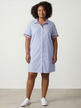 Joh Apparel NWT Blue Striped Shirt Dress Red White Trim Button Front Shift Dress